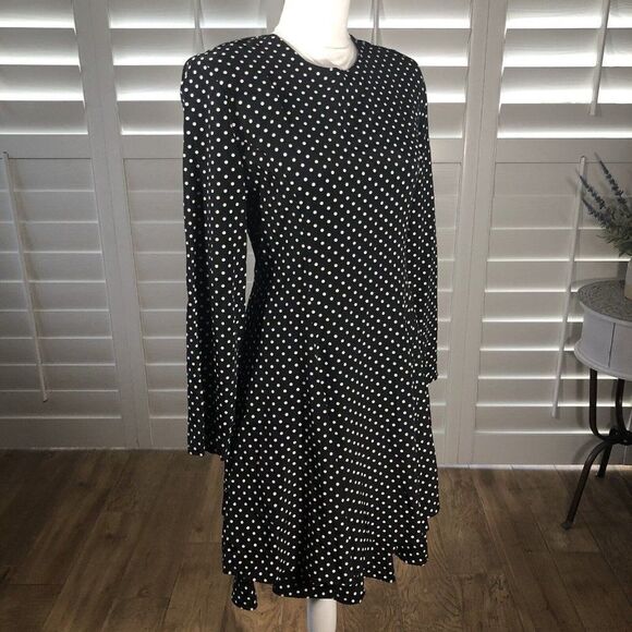 Vtg 80s D Frank Polka Dot Dress 12 NEW A Line Black Tiered Skirt Cute Flirty Fun - Picture 7 of 12